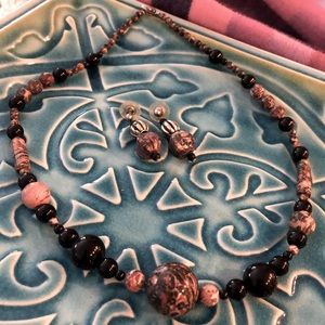 Vintage Black and Marbled Stones / Beads Necklace and Earrings